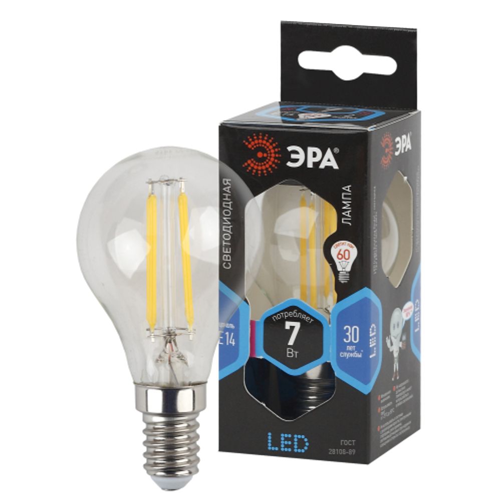 Лампа светодиодная ЭРА F-LED P45-7W-840-E14 7Вт филамент шар нейтральный белый свет Е14 | Филаментные декоративные