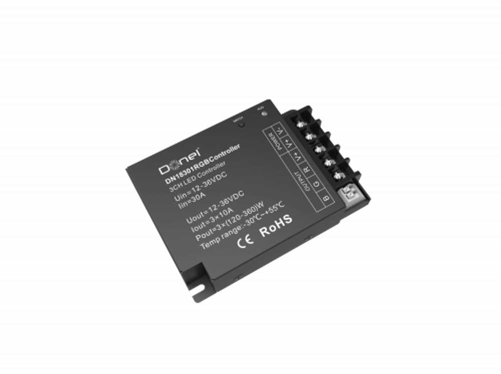 Контроллер RGB,  напряжение питания 12-36V,  3 канала по 10А,  выходная мощность 1×(360-1080)W   Артикул: DN18301RGBController
