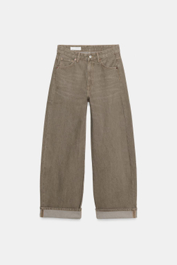 ZARA ДЖИНСЫ TRF BAGGY FOLDED СО СРЕДНЕЙ ПОСАДКОЙ, СЕРО-КОРИЧНЕВЫЙ