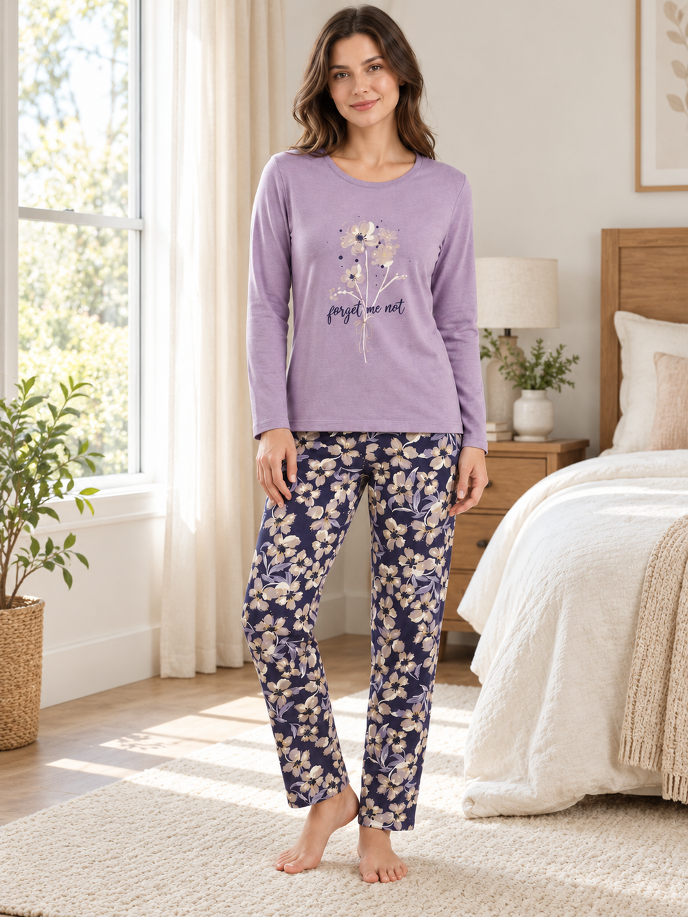 Женская пижама-комплект RUBINA Secret Homewear: верх и брюки, лавандовая с цветами