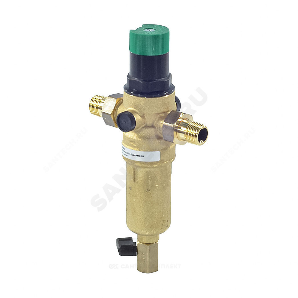 Фильтр сетчатый T-образный латунь Ду 15 Ру25 Тмакс=70 oC G1/2" НР FK06 с выходом под манометр с регулятором давления с краном Honeywell-Braukmann FK06-1/2"AAM