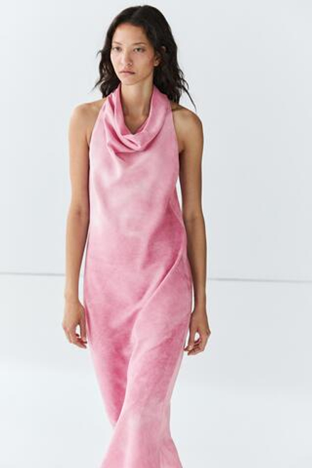 Massimo Dutti Струящееся платье миди с драпировкой, пастельно-розовый