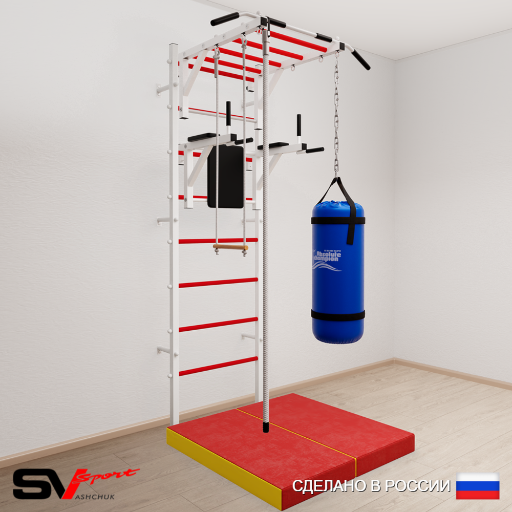 Шведская стенка Sv Sport 5465 (Турник рукоход/Брусья/Канат/Трапеция/Цепь/Мешок 15кг/Мат 1м)
