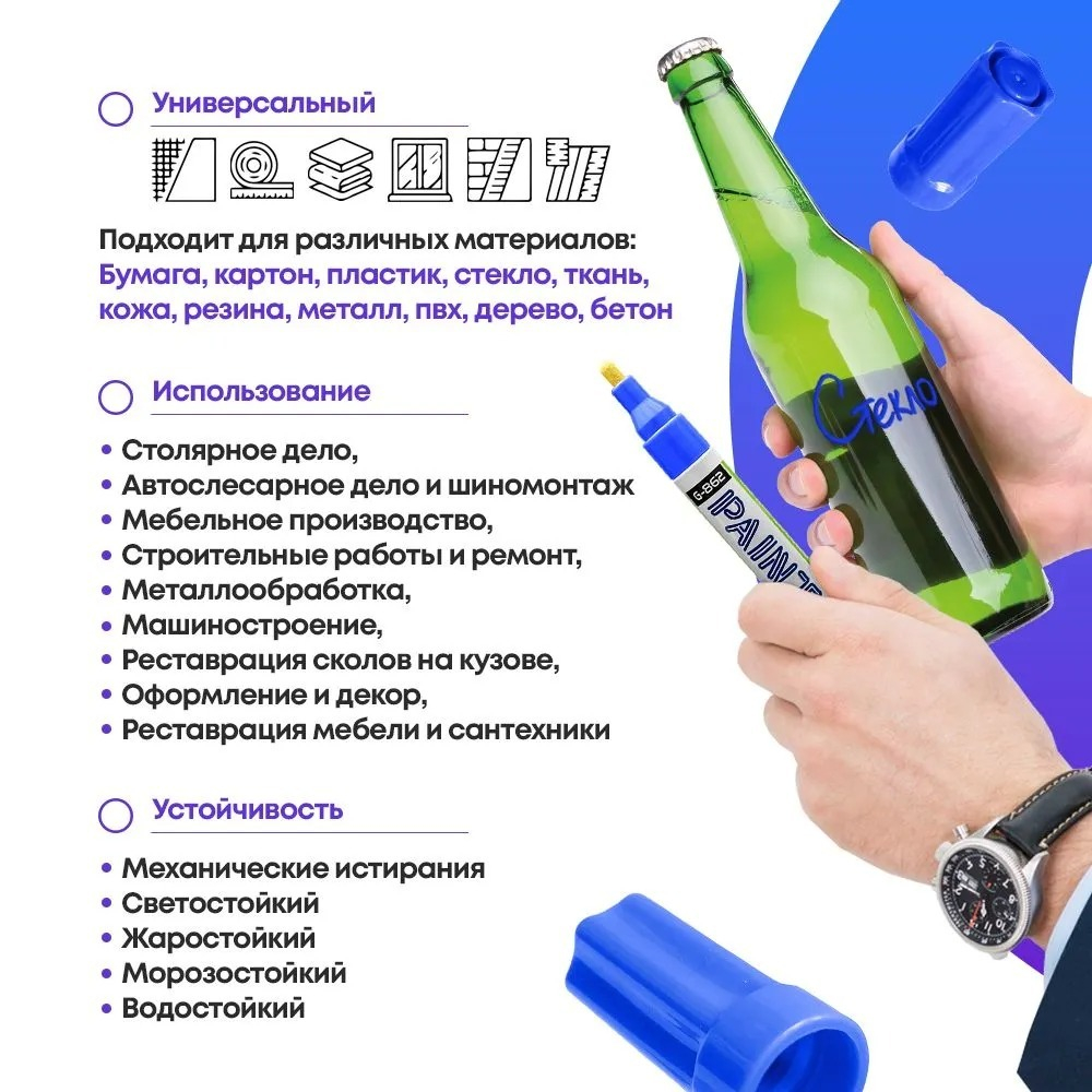 Маркер-краска перманентный синий, MC-Basir, несмываемый лаковый водостойкий фломастер строительный (по металлу, пластику, стеклу), для граффити и теггинга, наконечник 5 мм