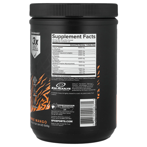 EFX Sports, предтренировочный комплекс K-otic®, со вкусом апельсина и манго, 500 г (1 фунт, 1,64 унции)