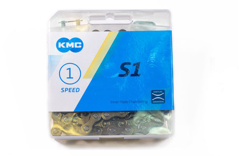 Цепь KMC S1 для 1 скорости, 1/2"х1/8 112 звеньев, пин 8.7мм, с замком, коричневая