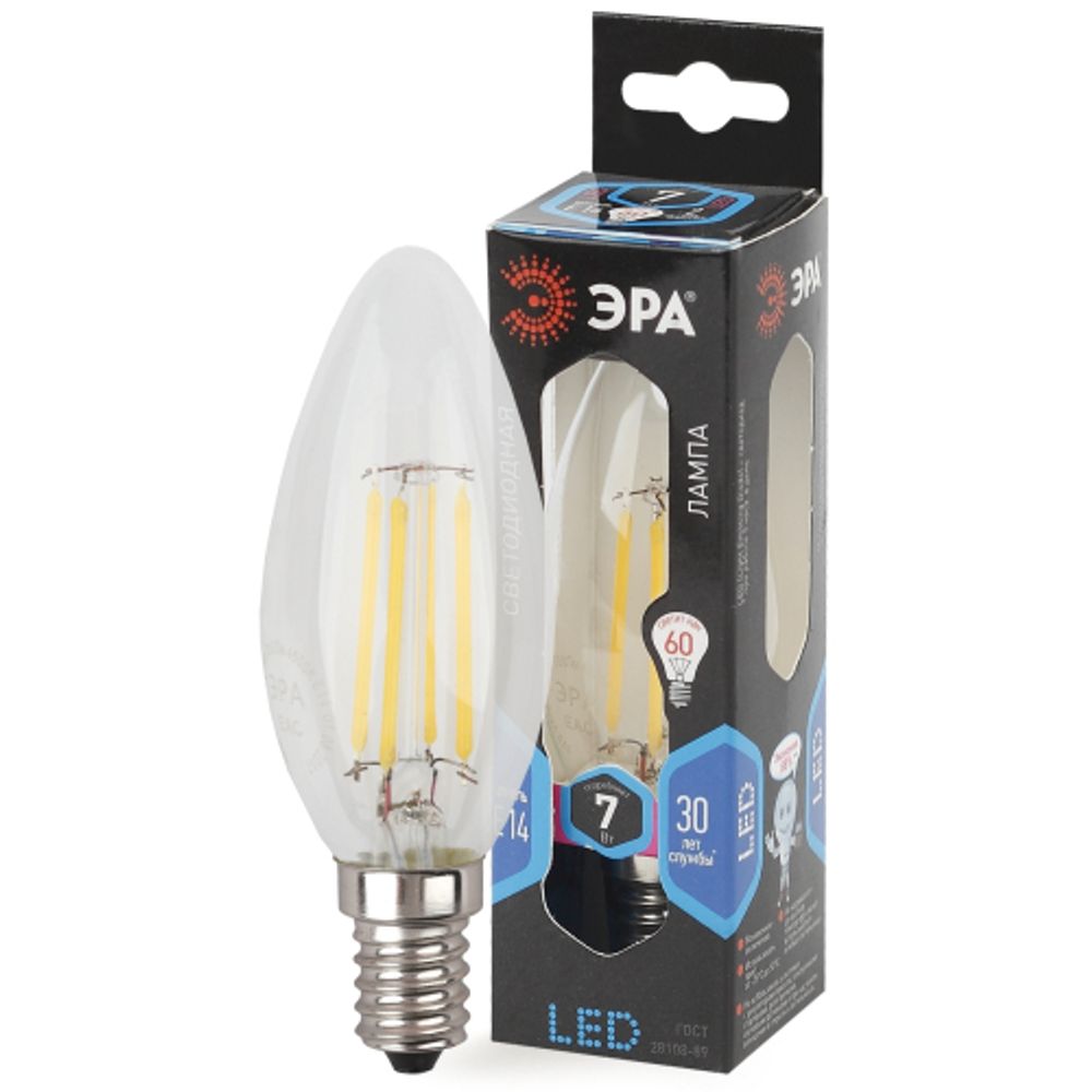 Лампа светодиодная ЭРА F-LED B35-7W-840-E14 7Вт филамент свеча нейтральный белый свет Е14 | Филаментные декоративные