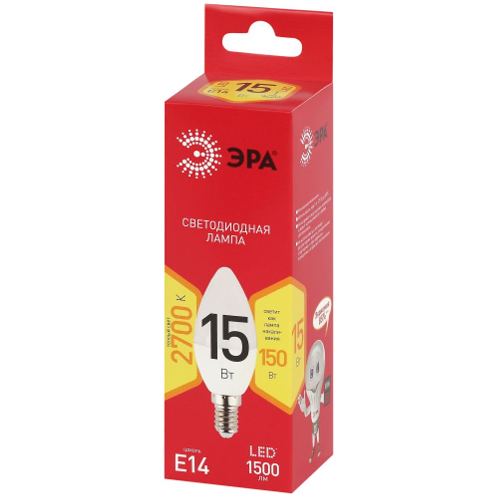 Лампа светодиодная ЭРА RED LINE LED B35-15W-827-E14 R 15Вт свеча теплый белый свет Е14 | Лампы cветодиодные Свеча (B/C)