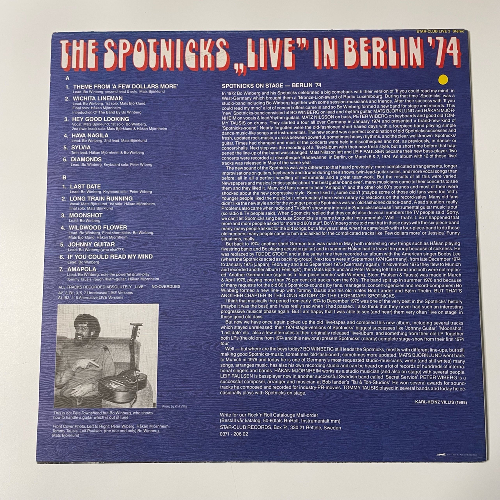 Винтажная виниловая пластинка LP The Spotnicks Live in Berlin 74 (Швеция 1988)