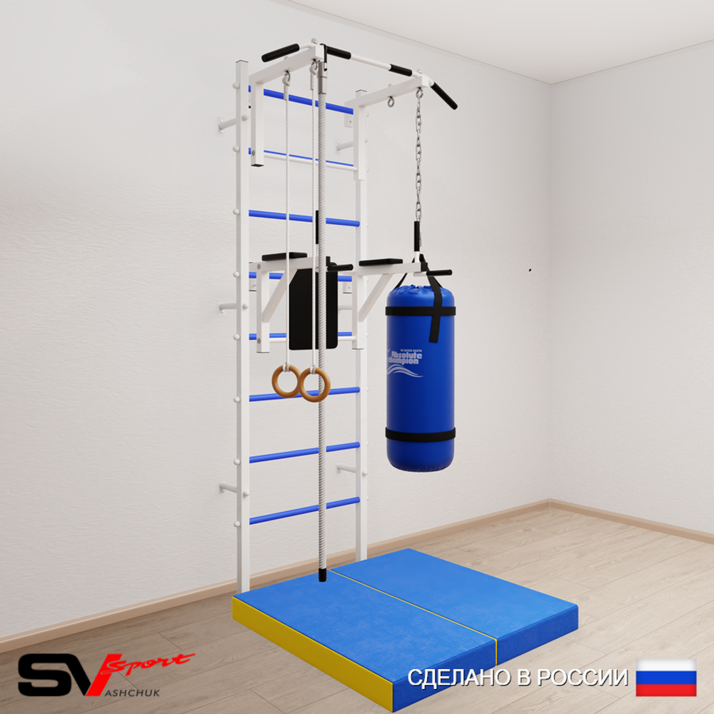 Шведская стенка Sv Sport усиленная 6745 (Турник стандарт/Брусья/Канат/Кольца/Цепь/Мешок 15кг/Мат 1м)