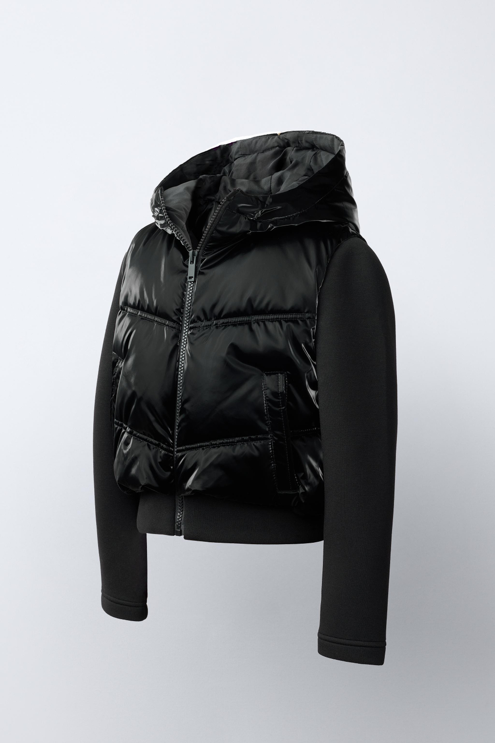ZARA КОМБИНИРОВАННАЯ СТЕГАНАЯ КУРТКА С КАПЮШОНОМ, ЧЕРНЫЙ
