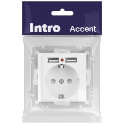 Розетка Intro Accent 6-410-01М с заземлением 2P+E Schuko со шторками 16А-250В + 2хUSB IP20 СУ белый матовый | Intro