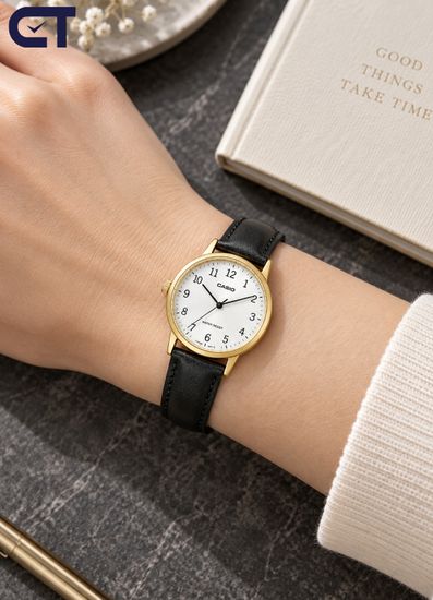 CASIO LTP-V001GL-7B CASIO Collection женские наручные часы — светлый циферблат, золотистые акценты и элегантный кожаный ремешок