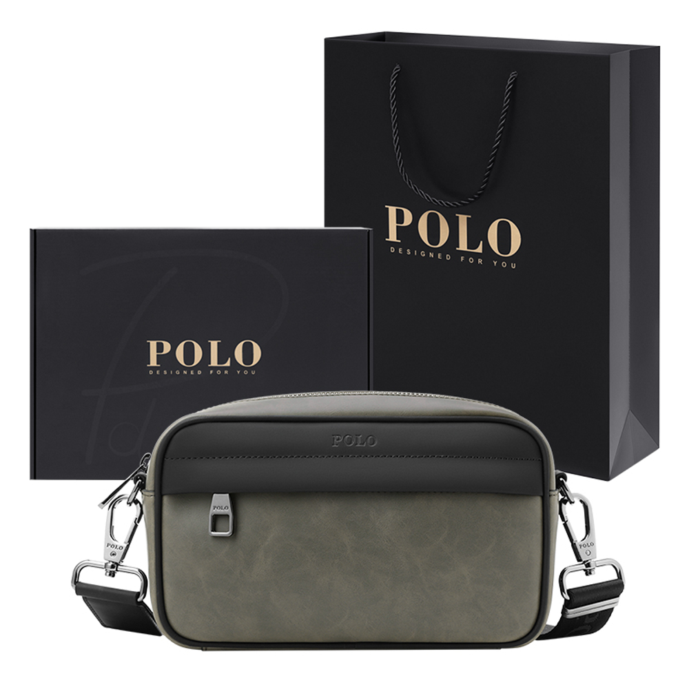 POLO Synthetic Leather Crossbody Bag, Shoulder Bag Medium Men"s Gray Green & Black