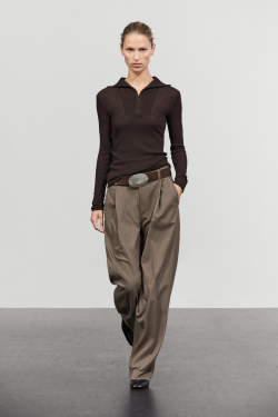 Massimo Dutti Футболка из смесового хлопка с воротником на молнии, кротово-коричневый