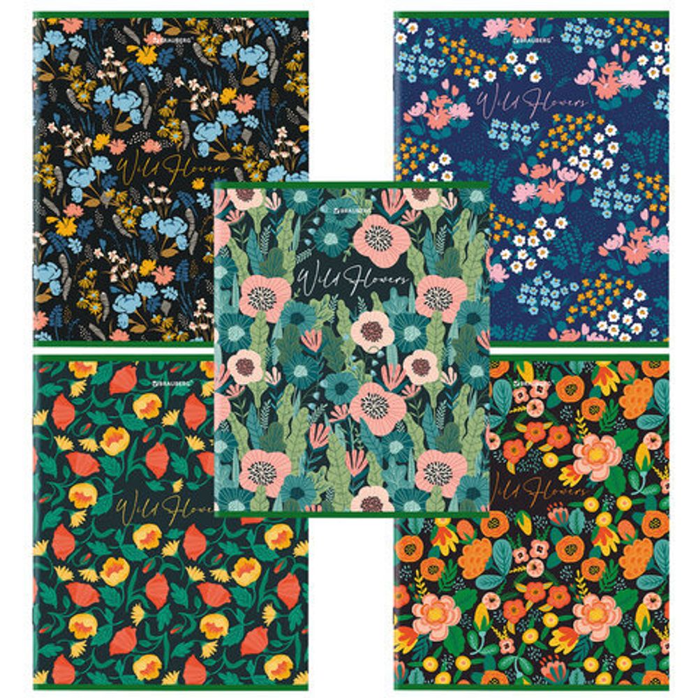 Тетрадь А5, 96 л., BRAUBERG, скоба, клетка, глянцевая ламинация, "Wild Flowers", 404429, 5шт