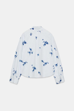 ZARA БЛУЗА С ЦВЕТОЧНЫМ ПРИНТОМ И БАНТОМ, СИНИЙ/БЕЛЫЙ