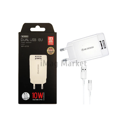 Сетевое зарядное устройство WK Design WP-U119m, 2 USB-A, 10W, 2A + кабель micro-USB, 1 м, белый