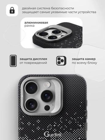 Чехол накладка iPhone 15 Pro Max 6.7" Gurdini Carbon Design (Magsafe & Lense holder) Galaxy Black