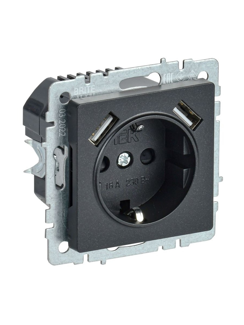 Розетка BRITE РЮш10-2-БрЧ 16А с USB A+A 3.1А с заземл. защ. шторки механизм черн. IEK BR-R14-16-U21-D31-K02