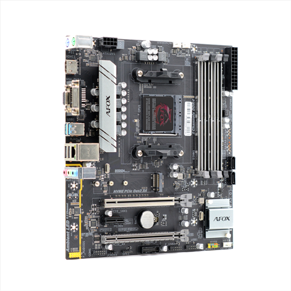 Материнская плата AFOX A520D4-MA-V2, SocketAM4, mATX, Retail, 4xDDR4, PCIe4.0, 1xM.2, GLAN, 2xPS/2, 4xUSB2, 6xUSB3, VGA, HDMI, DVI