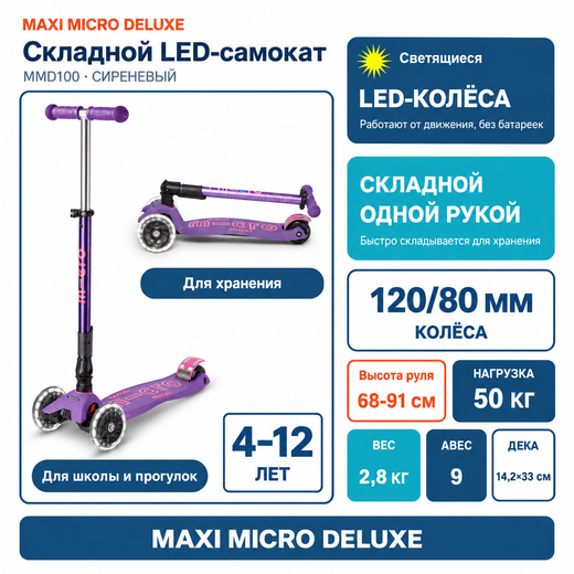 Самокат Maxi Micro Deluxe LED складной сиреневый