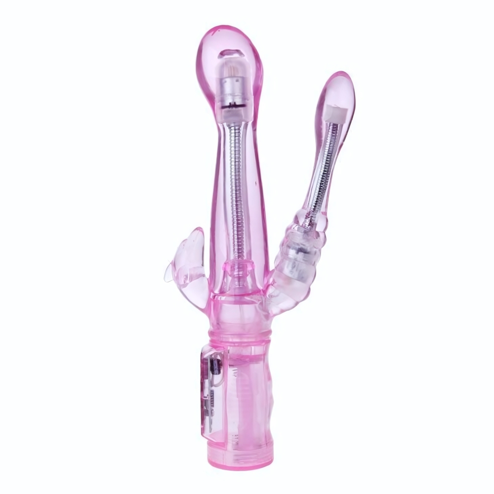 Розовый вибратор с анальным и клиторальным отростками Intimate Tease - 22 см. (Цвет: розовый)