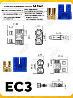 Разъем силовой EC3 M+F, папа+мама 25 A 14 AWG