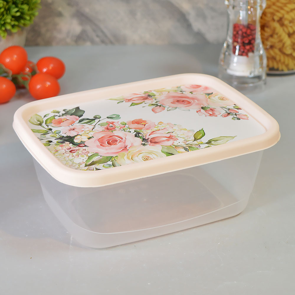 Контейнер для продуктов 1,5л прямоугольный "Розы", светло-розовый