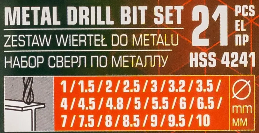Набор сверл по металлу HSS 21пр.(1,1.5,2,2.5,3,3.2,3.5,4,4.5,4.8,5,5.5,6,6.5,7,7.5,8,8.5,9,9.5,10мм), в пластиковом футляре YATAFORCE YF-924U21S
