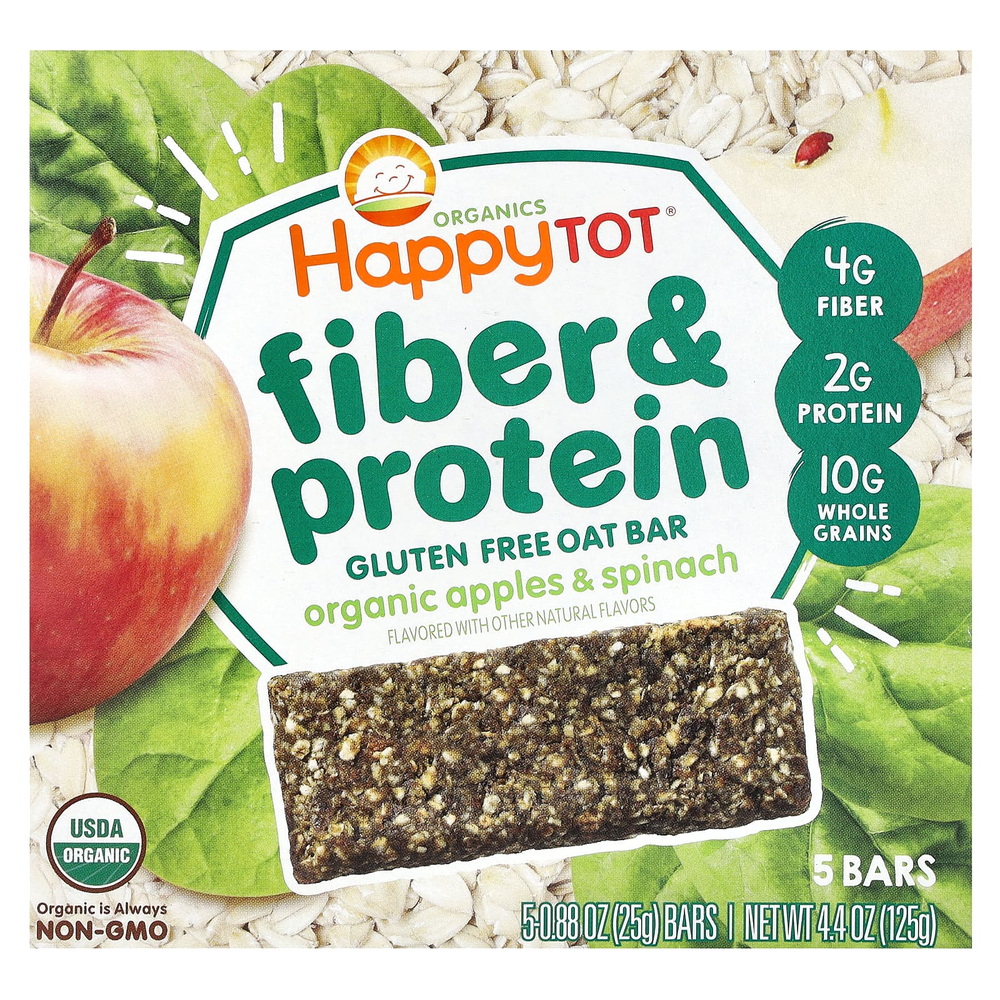 Happy Family Organics, Happy Tot®, овсяный батончик с клетчаткой и протеином, для детей от 2 лет, органические яблоки и шпинат, 5 батончиков по 25 г (0,88 унции)