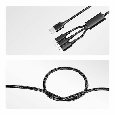 Кабель USB 3в1 Type-С (6A), Lightning (2,4A), micro USB (3A) 1,2м, в черной оплетке REXANT 18-7075