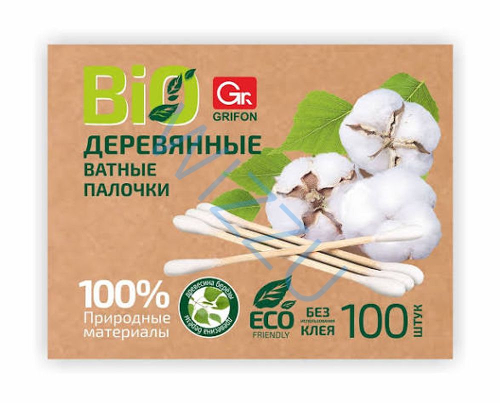 GRIFON Ватные палочки ЭКО на деревянной основе 100 шт в ZIP упаковке 34/1 304-004