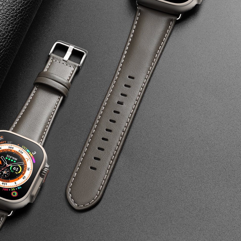 Ремешок из кожи серого цвета от Dux Ducis для смарт часов Apple Watch 42, 44, 45, 46, 49мм, серия YS Series