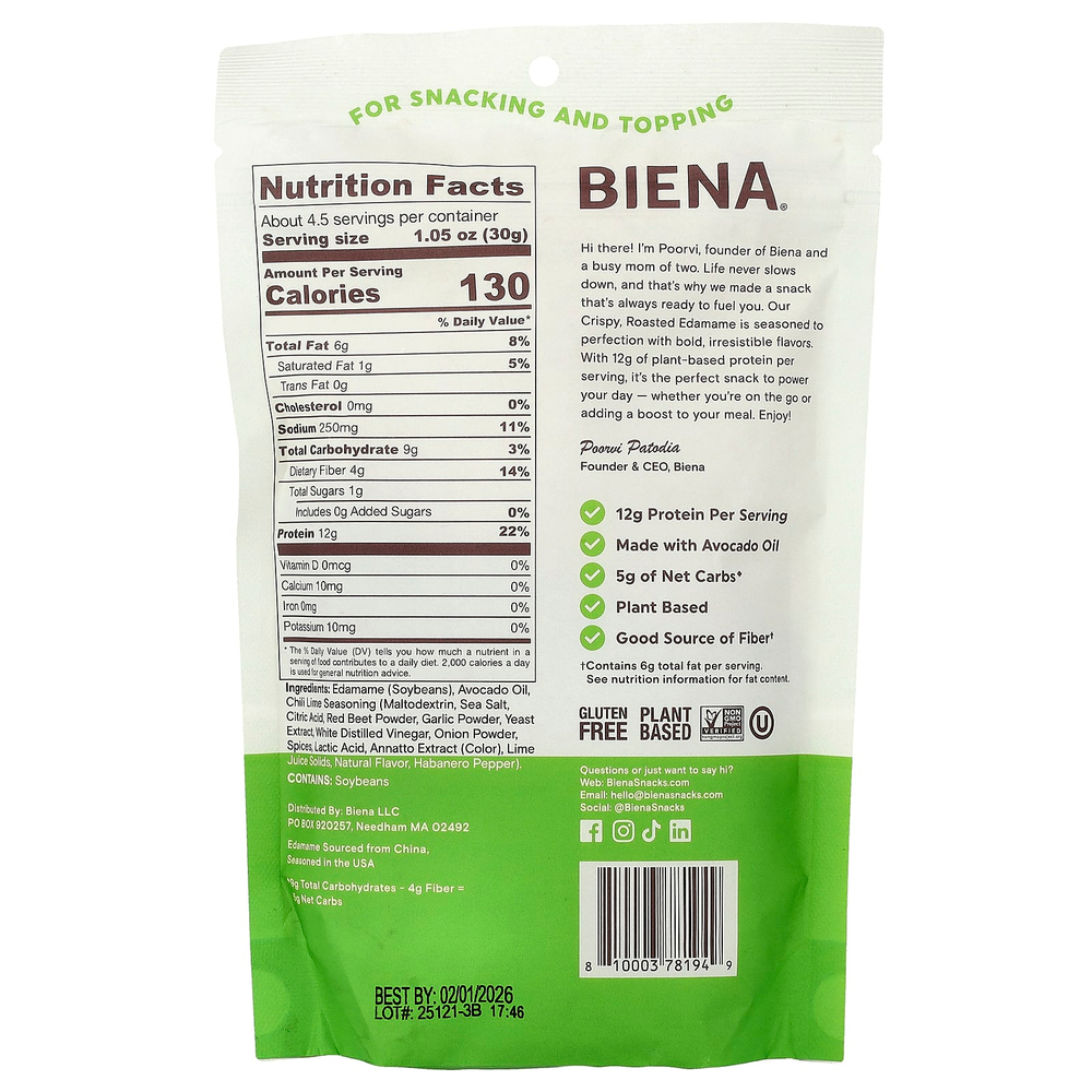 BIENA, хрустящие обжаренные бобы эдамаме, чили и лайм, 135 г (4,75 унции)