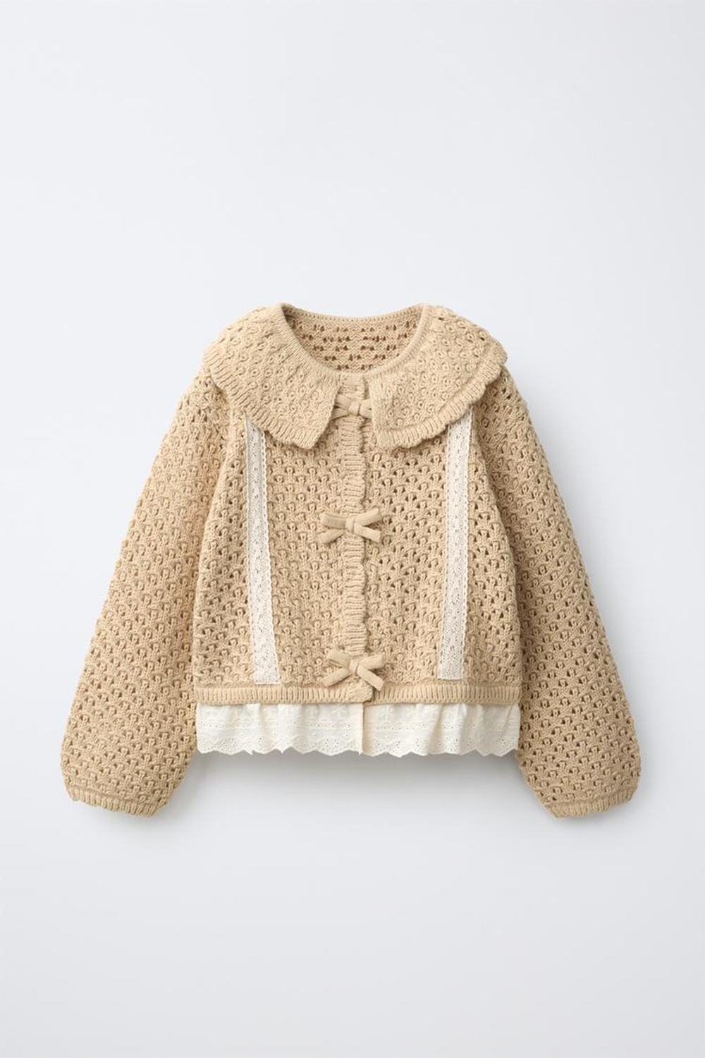 ZARA КАРДИГАН С КРУЖЕВОМ, БЕЖЕВЫЙ