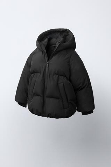 ZARA СТЕГАНОЕ ПАЛЬТО С КАПЮШОНОМ WATER REPELLENT, ЧЕРНЫЙ
