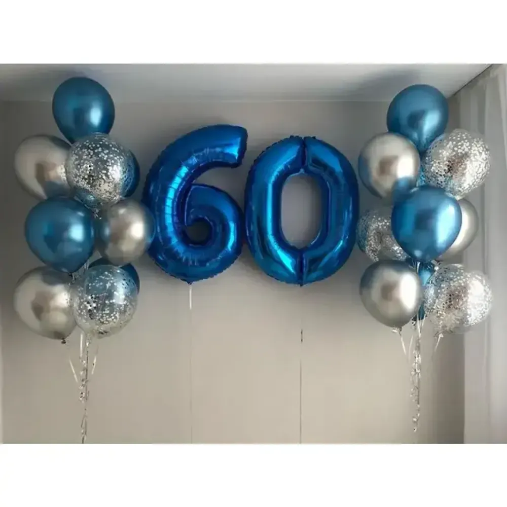 Композиция из шаров на 60 лет синее серебро Композиция из шаров на 60 лет синее серебро