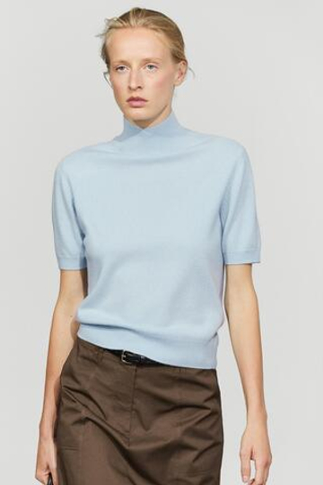 Massimo Dutti Вязаный свитер с короткими рукавами из смеси кашемира и шерсти, небесно-голубой
