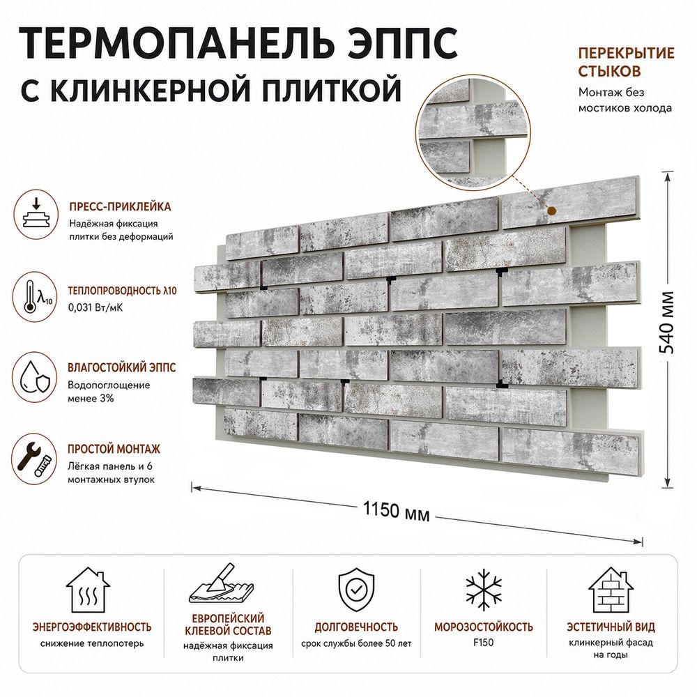 Клинкерная фасадная термопанель ЭППС Береза Керамика Вериа Серый 1150x540