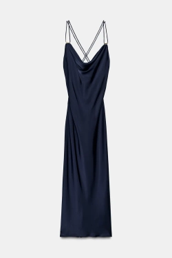 ZARA АТЛАСНОЕ ПЛАТЬЕ В БЕЛЬЕВОМ СТИЛЕ С ЗОЛОТИСТОЙ ФУРНИТУРОЙ, СИНИЙ