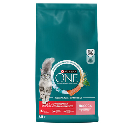 Сухой корм Purina ONE для стерилизованных кошек и кастрированных котов лосось 9,75 кг