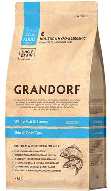 Grandorf Adult Skin&Coat Care Белая рыба/Индейка для кошек 2 кг