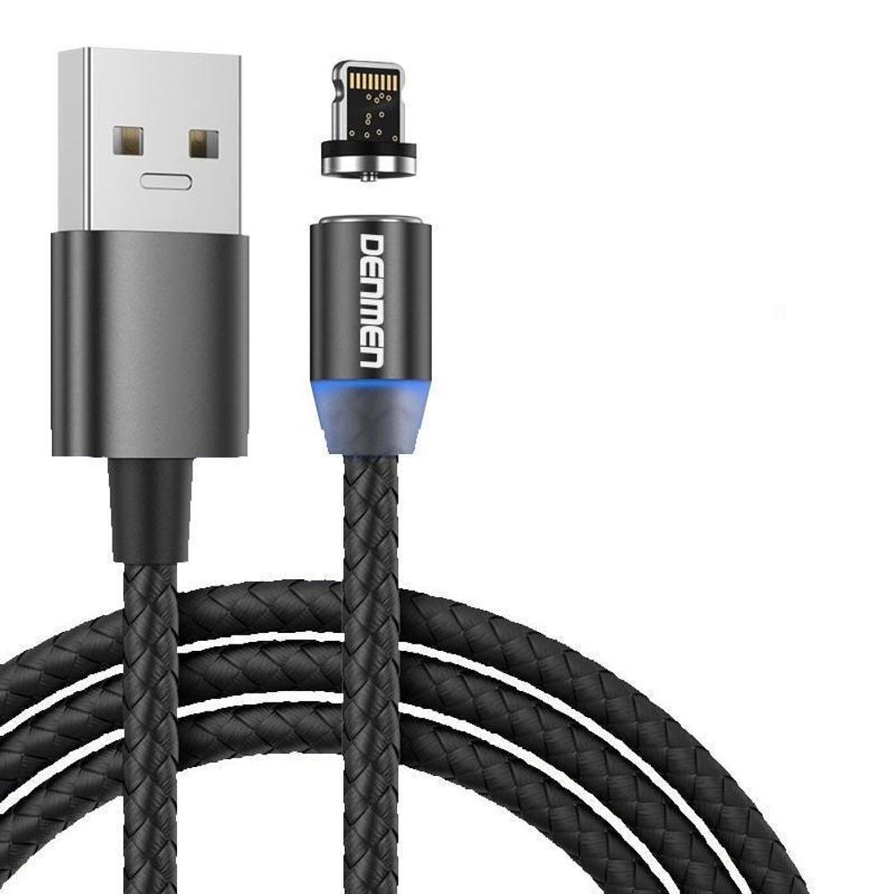 Кабель DENMEN D09L USB-Lightning 2.4A 1м магнитный Nylon Black