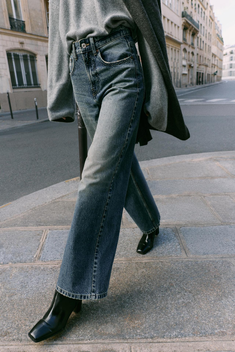 ZARA ДЖИНСЫ Z1975 LOOSE WIDE-LEG, ВЫСОКАЯ ПОСАДКА, СТРАЗЫ, СИНИЙ