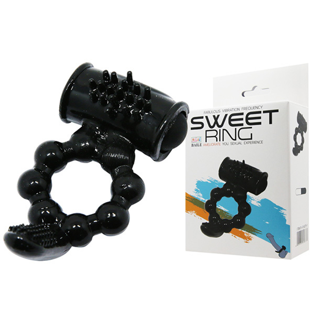 Чёрное эрекционное кольцо 4см с вибростимуляцией клитора Baile Sweet Ring BI-014075-1