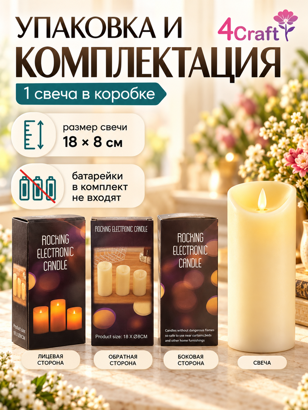 Свеча светодиодная 18х8 см, 1 шт