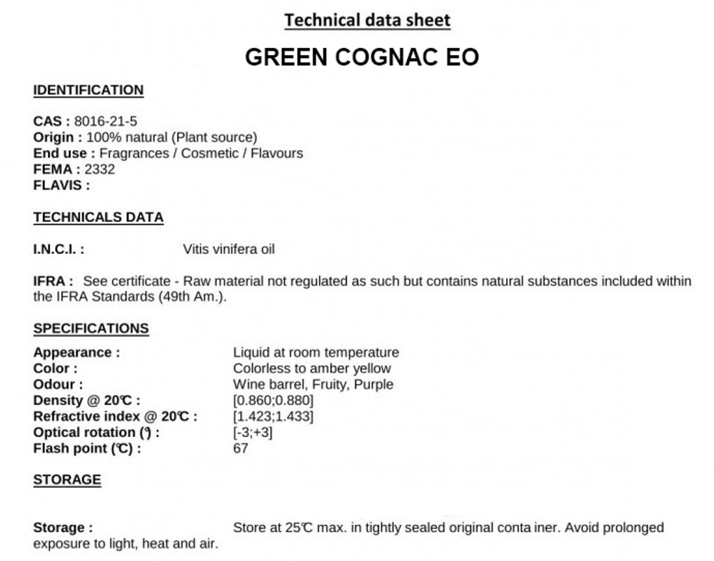 GREEN COGNAC EO 50% in DPG/ ЗЕЛЁНЫЙ КОНЬЯК ЭМ CAS 8016-21-5 ; 25265-71-8