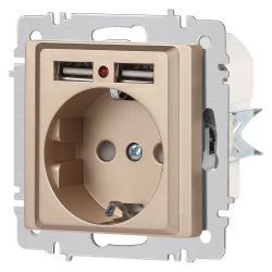 Розетка Intro Accent 6-410-04 с заземлением 2P+E Schuko со шторками 16А-250В + 2хUSB IP20 СУ шампань | Intro