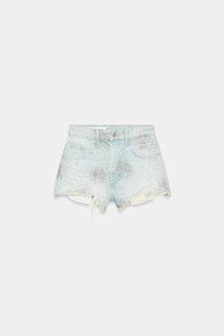 ZARA ДЖИНСОВЫЕ ШОРТЫ С ВЫСОКОЙ ПОСАДКОЙ, РАЗРЕЗАМИ И БЛЕСКОМ, ГОЛУБОЙ